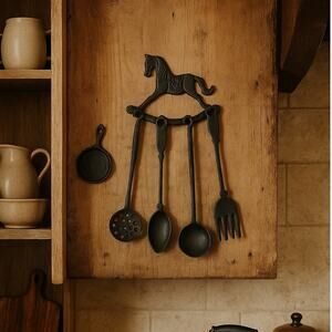 Vintage Taiwan Cast Iron Rocking Horse Utensil Set Wall Decor FREE SHIPPING
